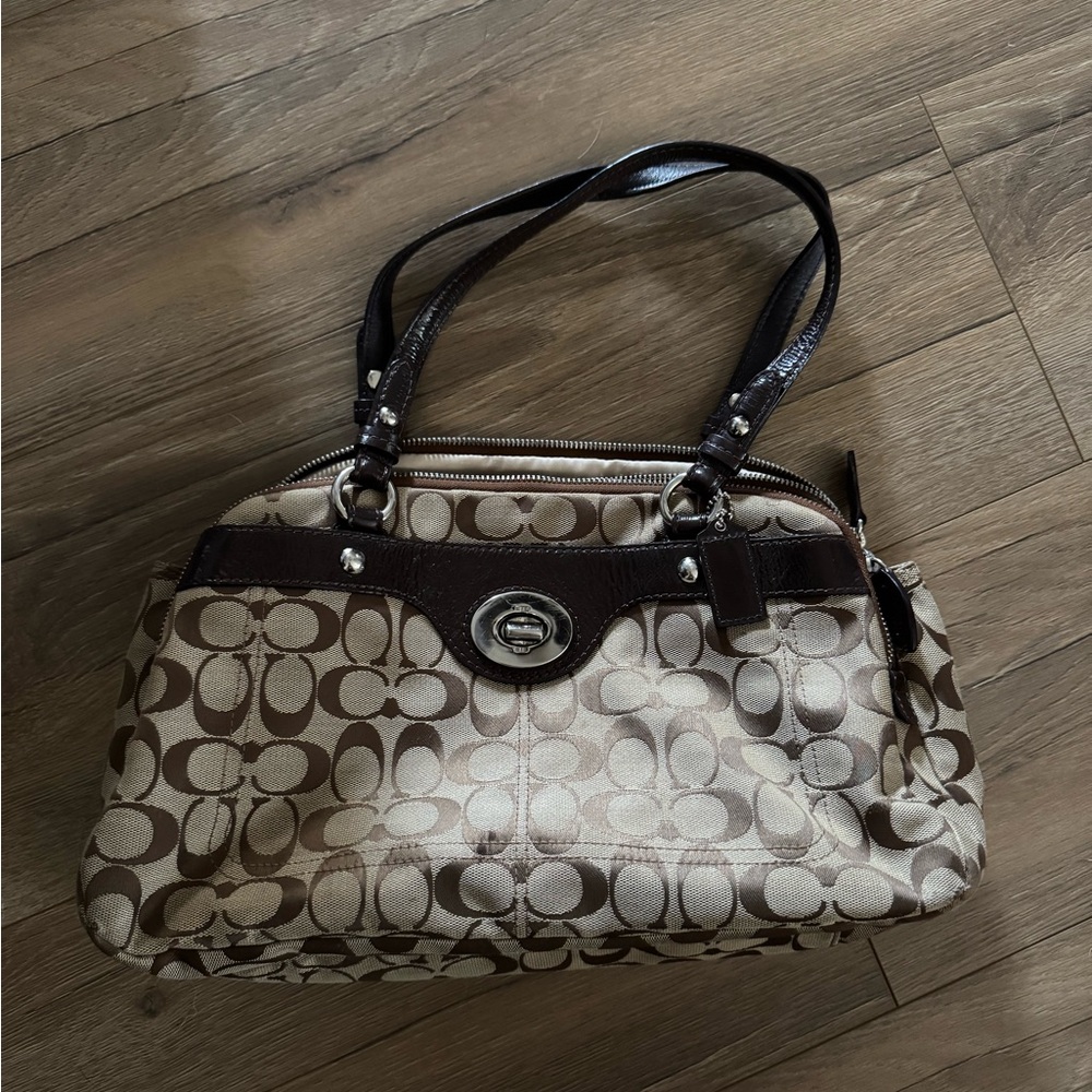 Coach Tan and Brown Signature Shoulder Bag
